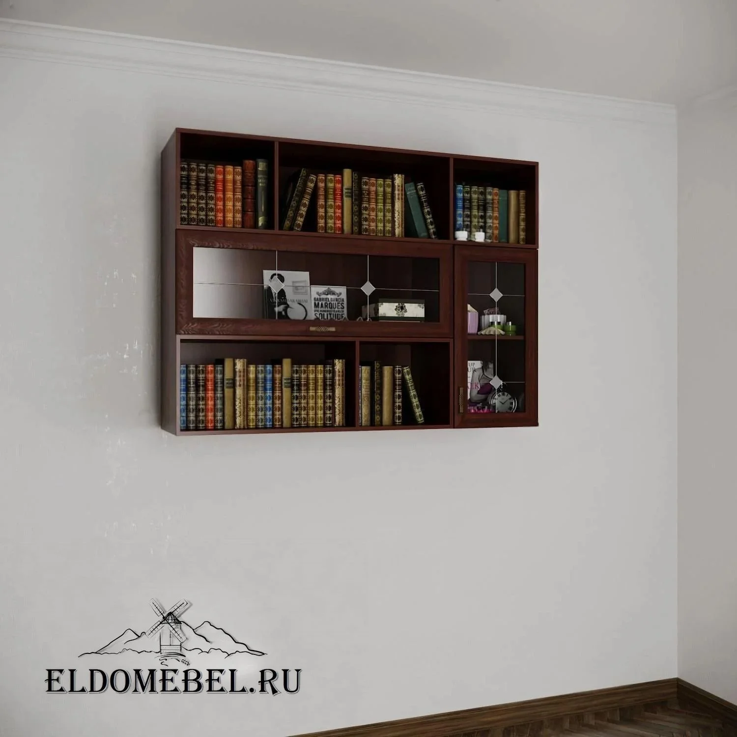 Книжные полки №12   с витражами    цвет Стандарт итальянский орех
