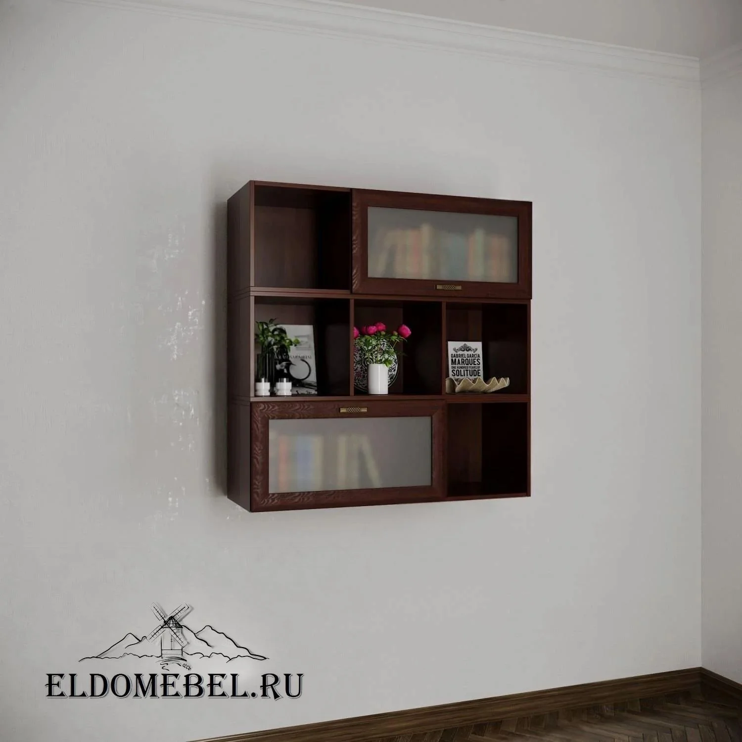 Книжные полки №10    стекло сатинат   цвет Стандарт итальянский орех