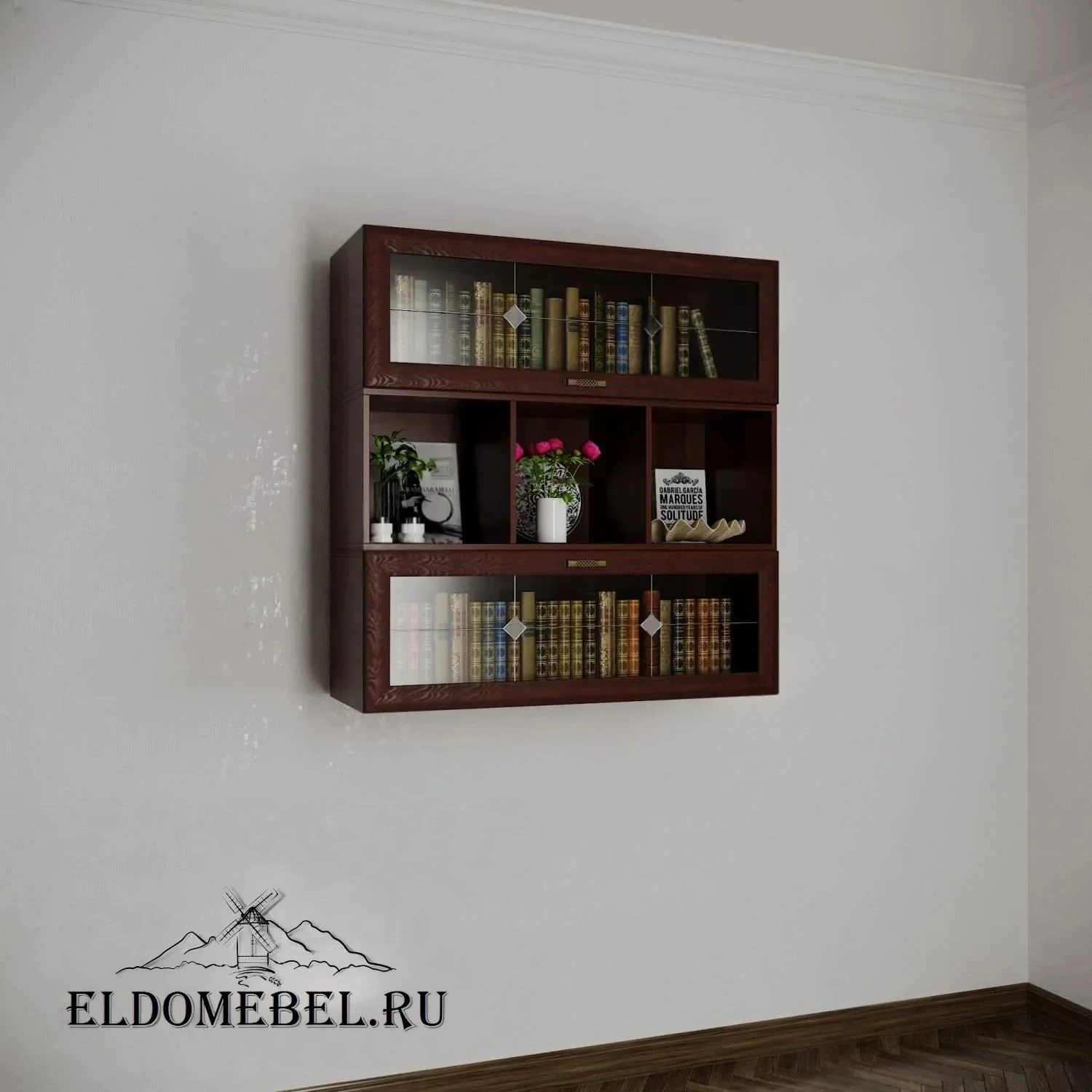 Книжные полки №5   с витражами    цвет Стандарт итальянский орех