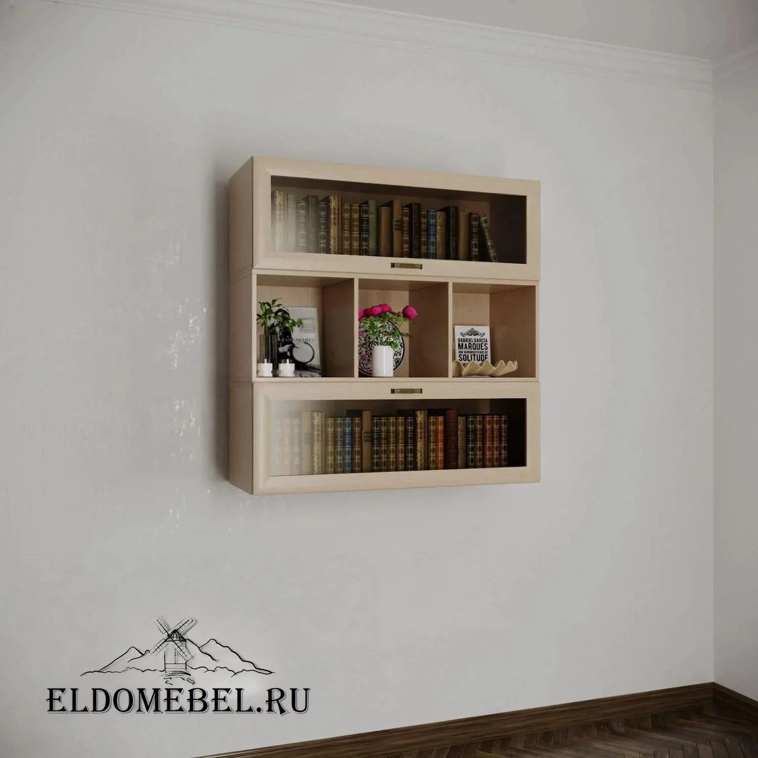 Книжные полки №5     тонированное стекло  цвет Стандарт молочный беленый дуб