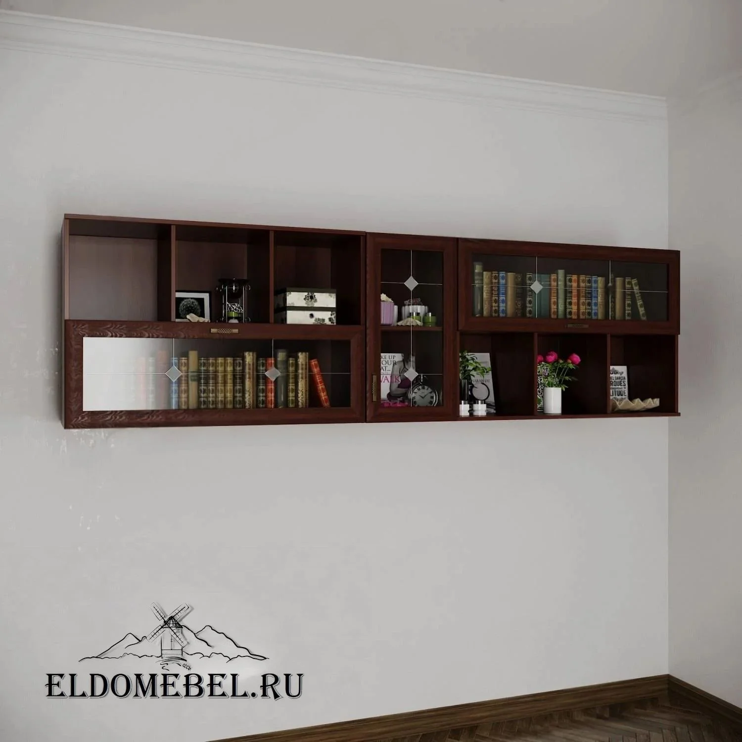Книжные полки №4   с витражами    цвет Стандарт итальянский орех