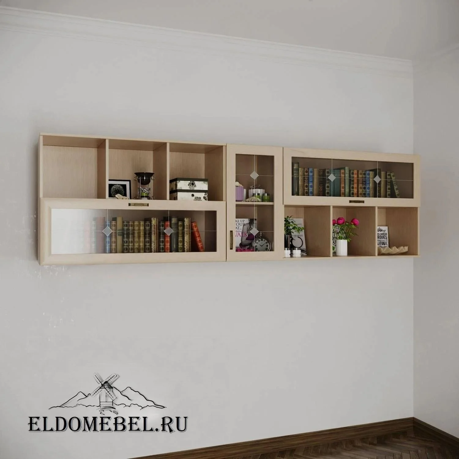 Книжные полки №4   с витражами    цвет Стандарт молочный беленый дуб