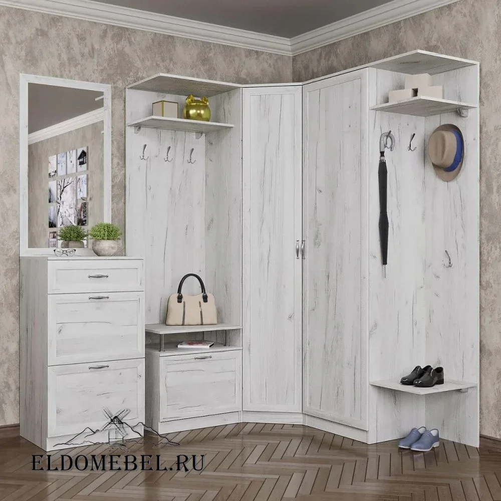 Угловая прихожая 9  с зеркалом     цвет Дуб крафт белый