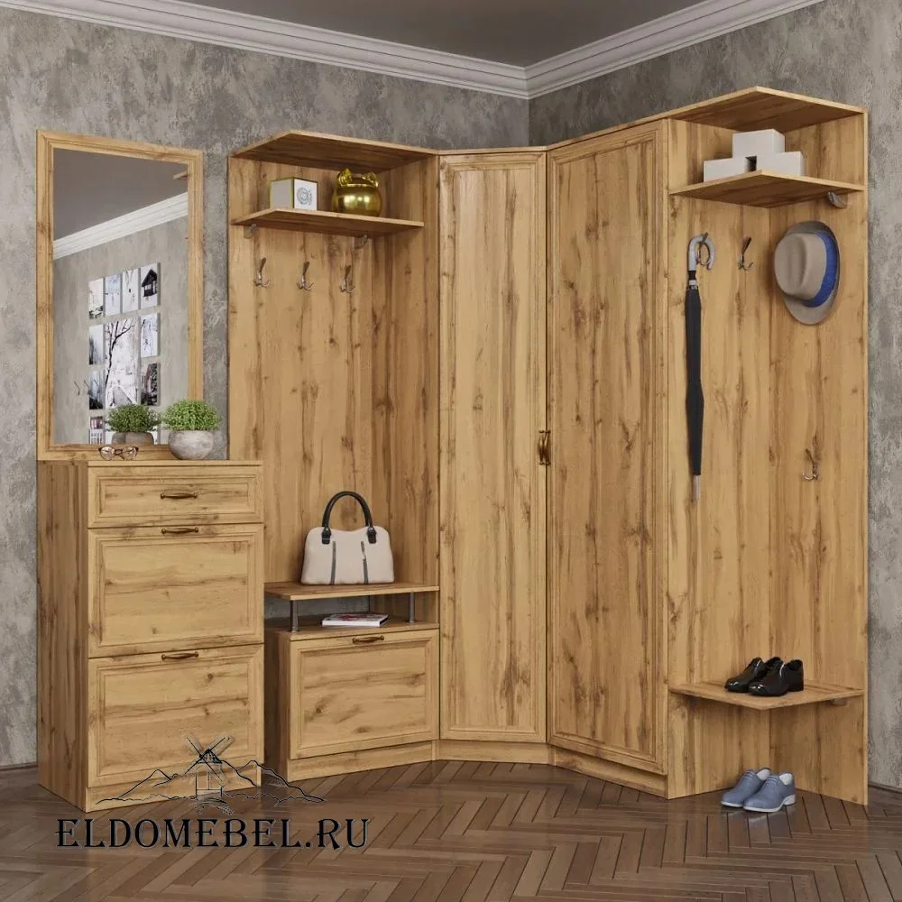 Угловая прихожая 9  с зеркалом     цвет Дуб крафт золотой
