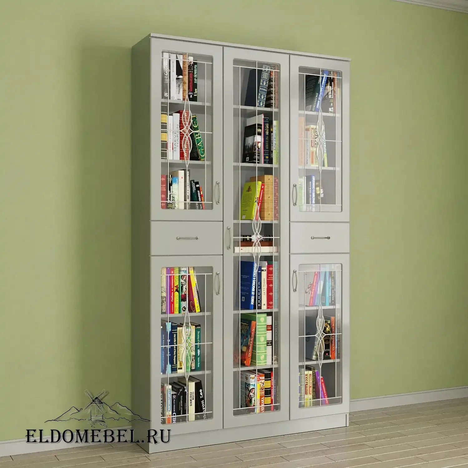 Книжный шкаф 3/10   с витражами    цвет Вена белый глянец