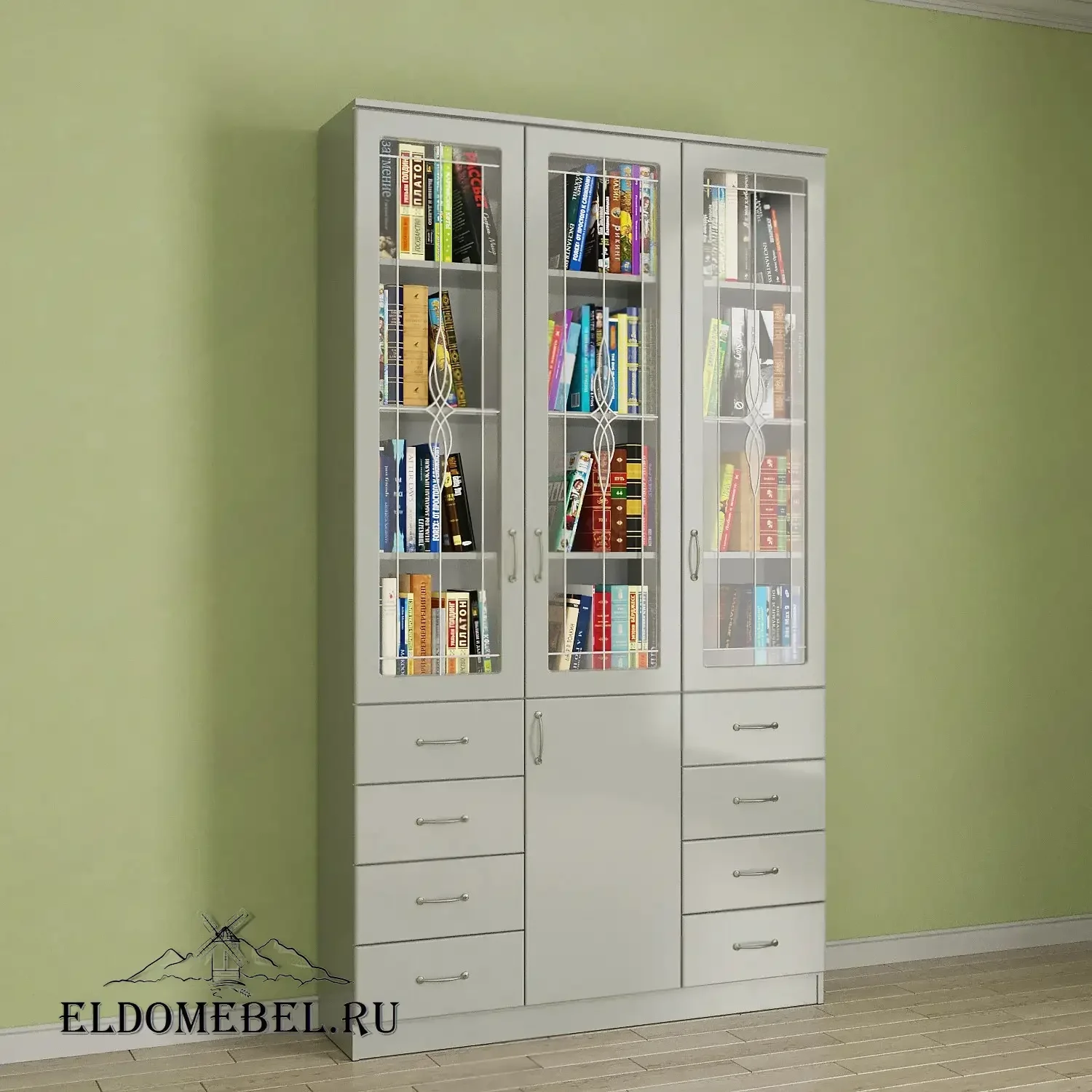 Книжный шкаф 3/9   с витражами    цвет Вена белый глянец