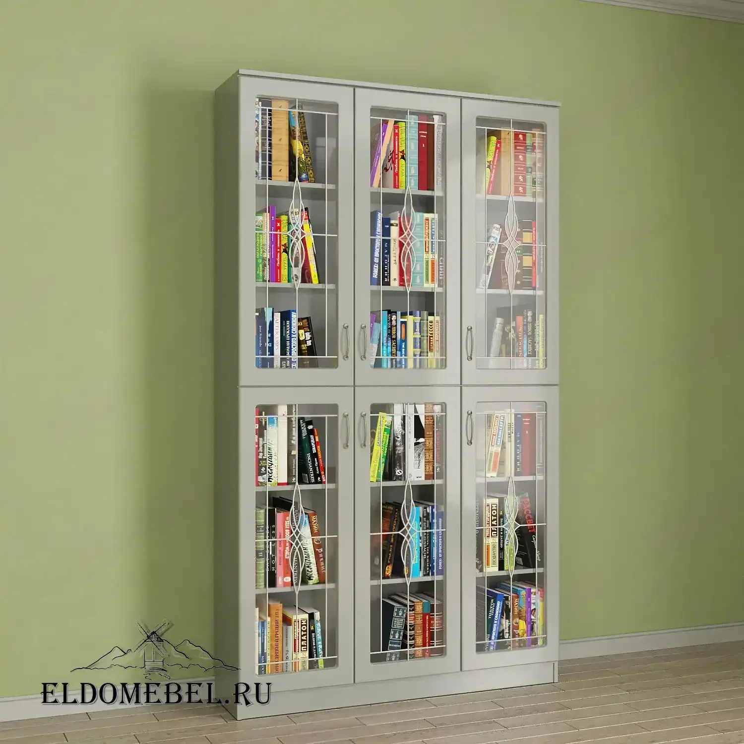 Книжный шкаф 3/2   с витражами    цвет Вена белый глянец