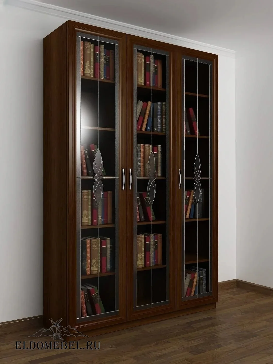Книжный шкаф 3/1   с витражами    цвет Стандарт итальянский орех