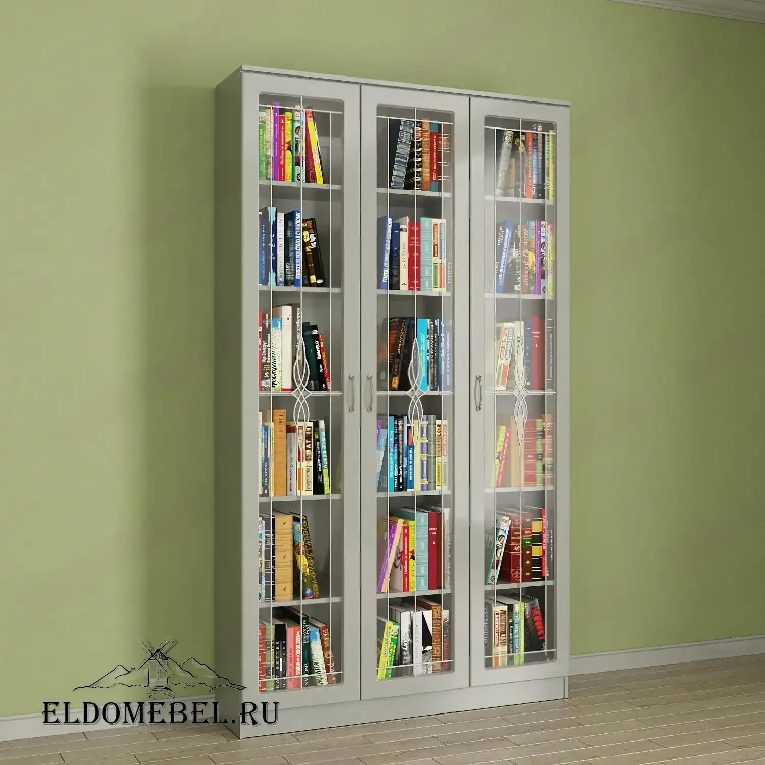Книжный шкаф 3/1   с витражами    цвет Вена белый глянец