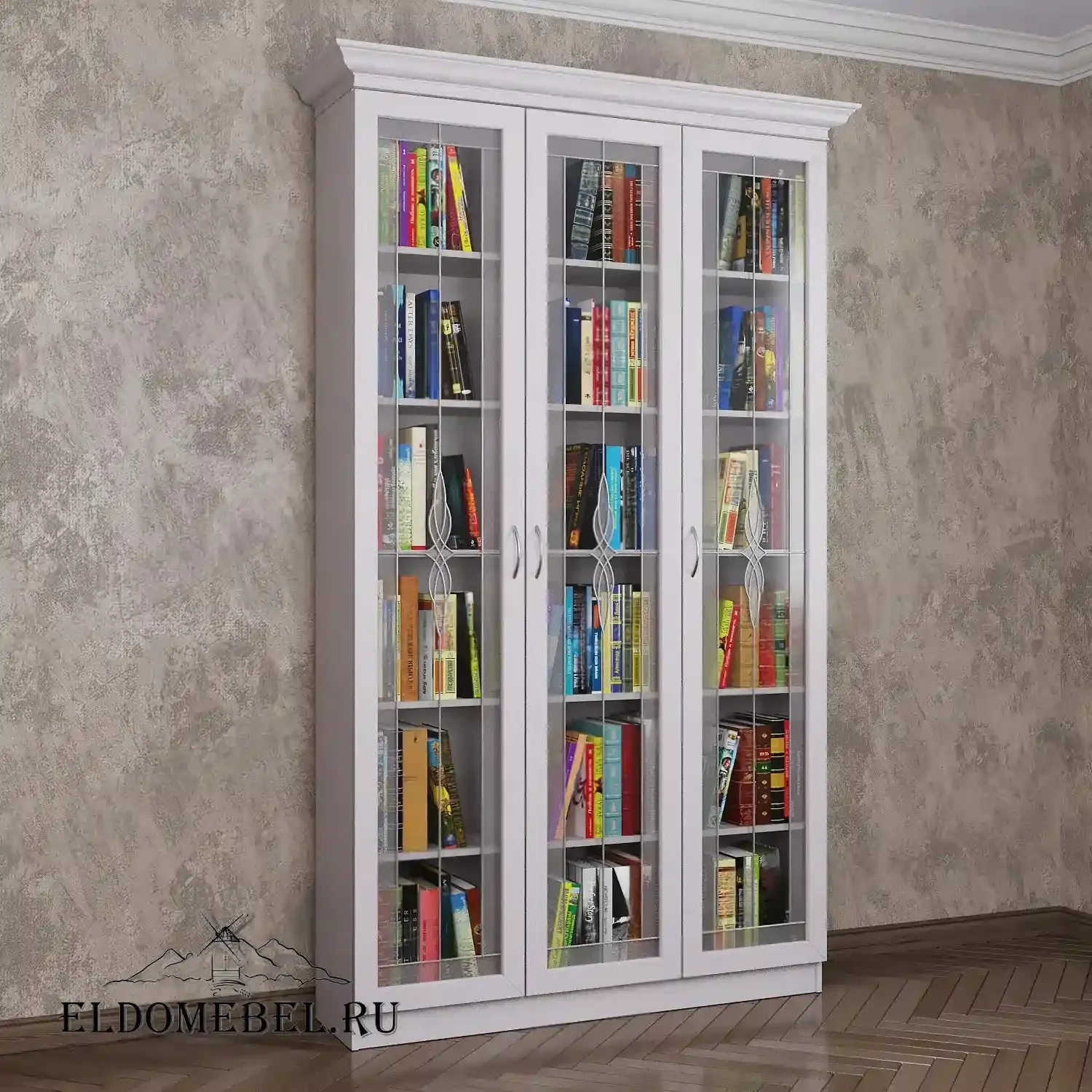 Книжный шкаф 3/1   с витражами    цвет Стандарт белый
