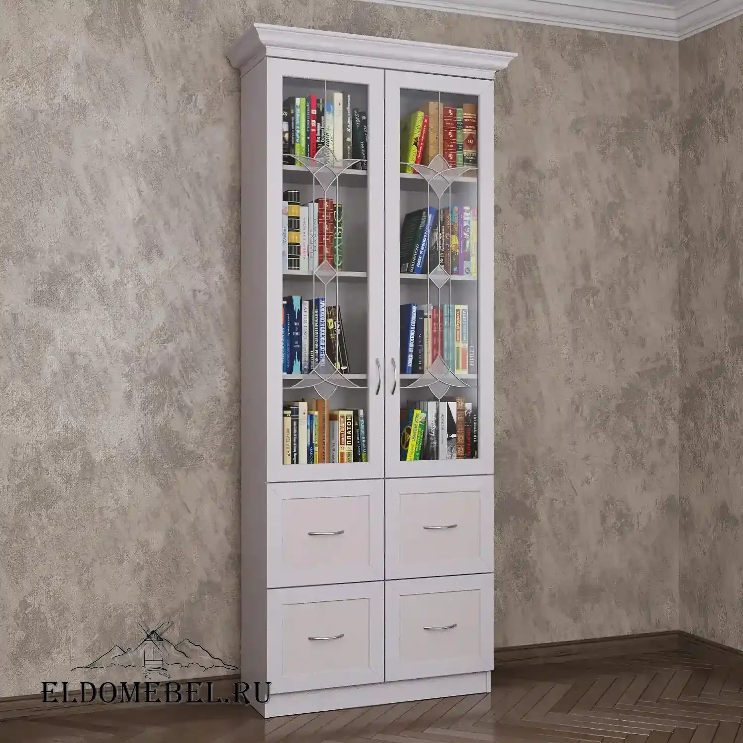 Книжный шкаф 2/4   с витражами    цвет Стандарт белый