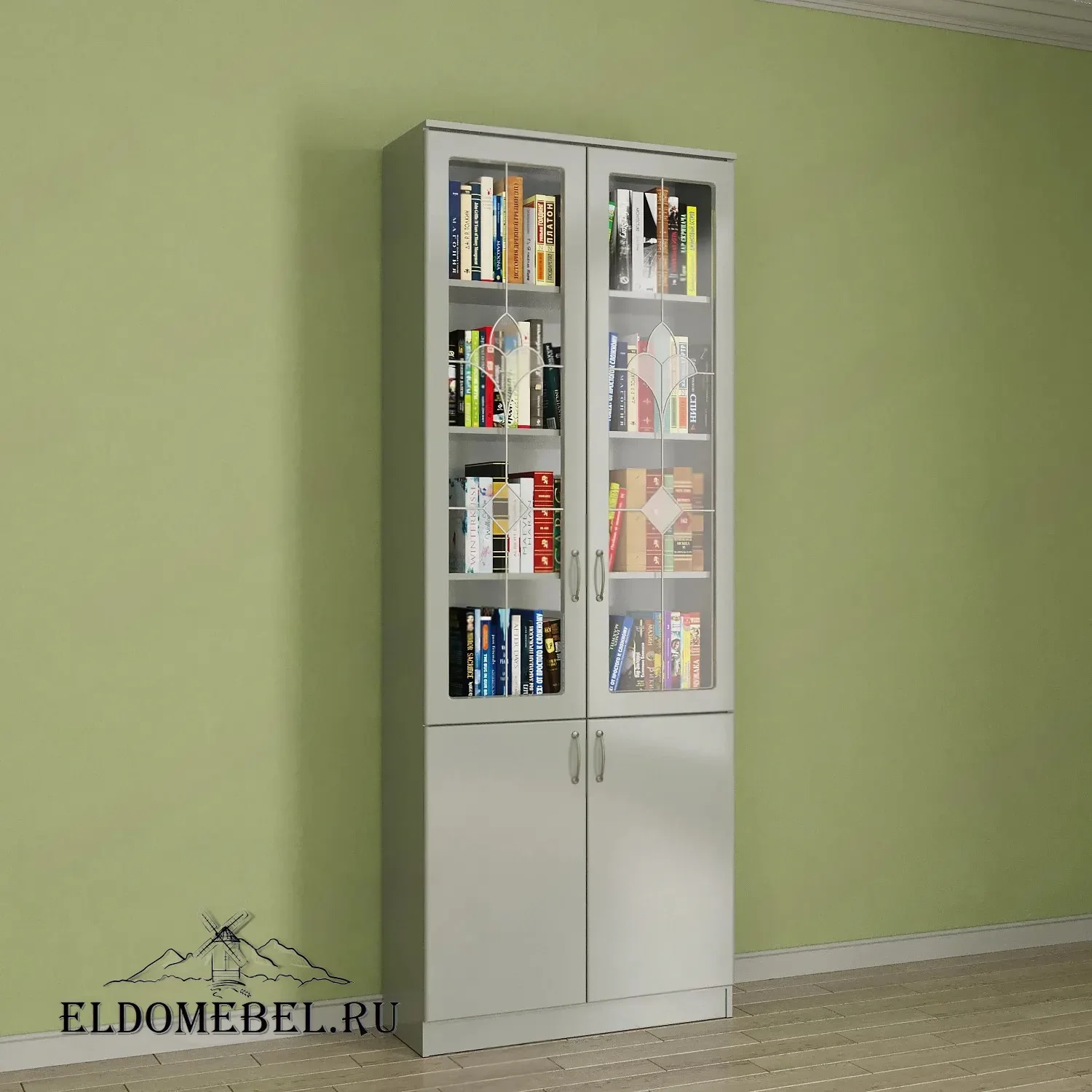 Книжный шкаф 2/3   с витражами    цвет Вена белый глянец