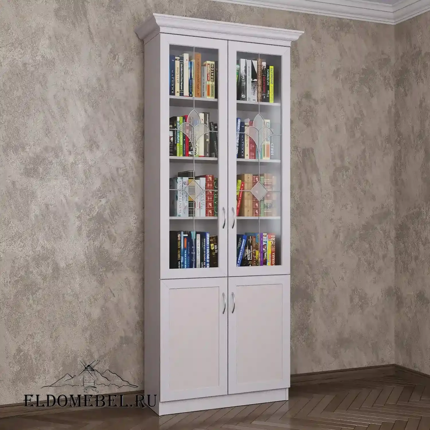 Книжный шкаф 2/3   с витражами    цвет Стандарт белый