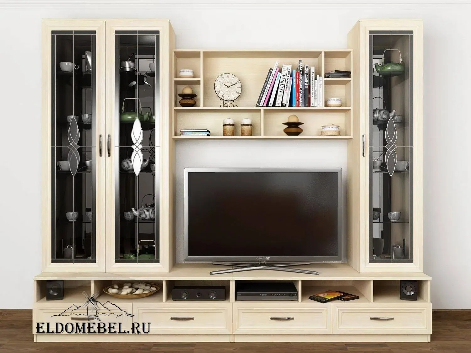 Мини-стенка Вальс-8   с витражами    цвет Стандарт молочный беленый дуб