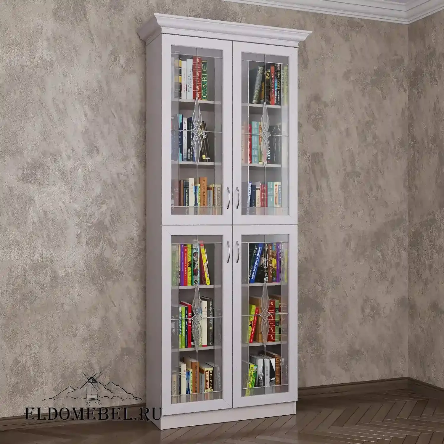 Книжный шкаф 2/2   с витражами    цвет Стандарт белый