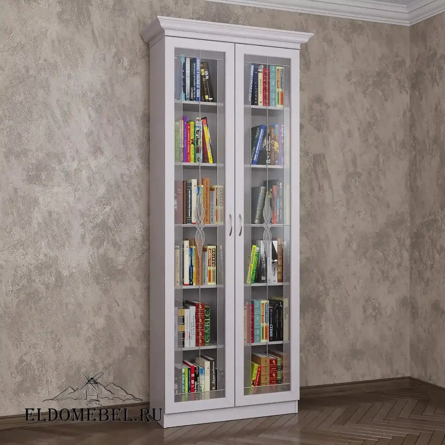Книжный шкаф 2/1   с витражами    цвет Стандарт белый