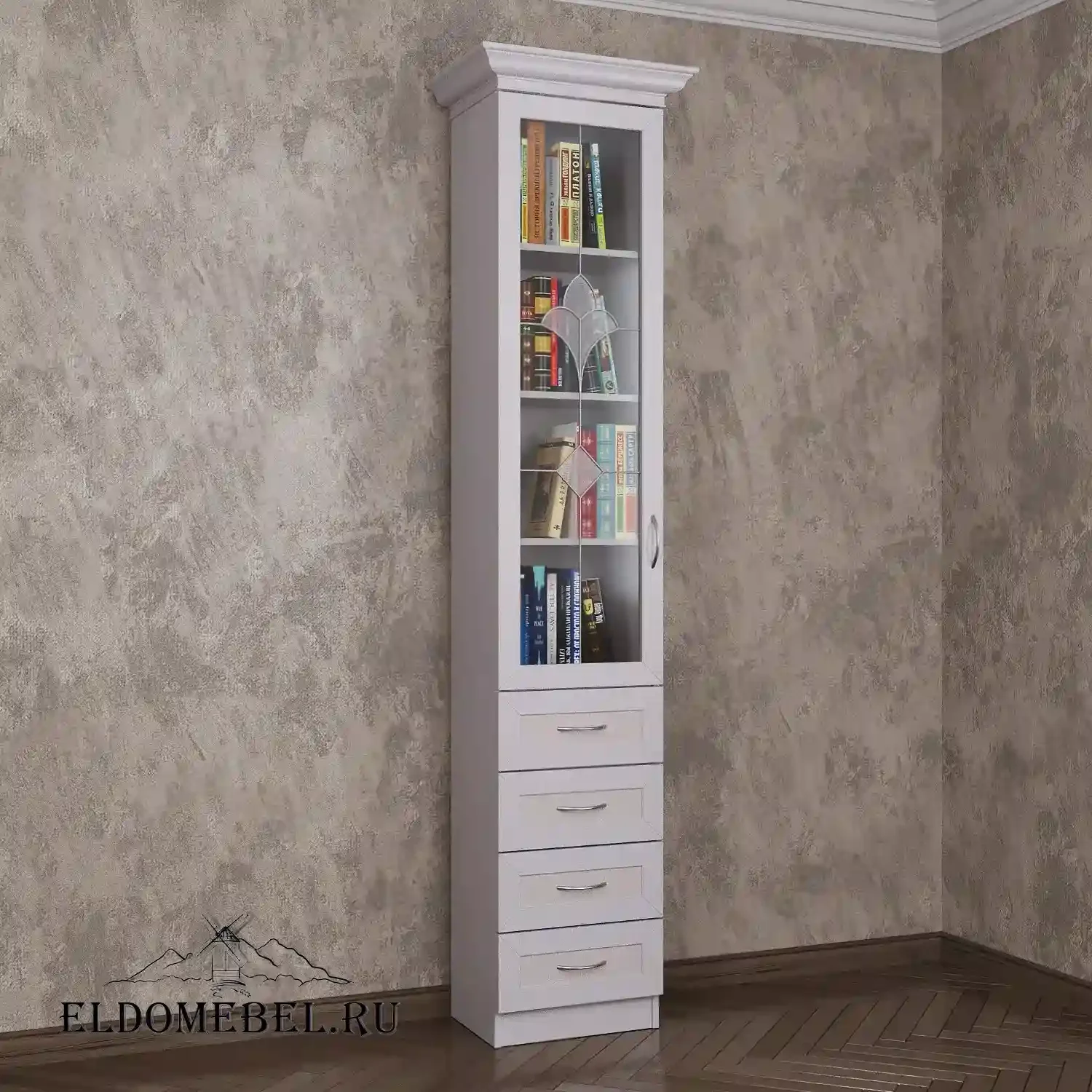 Книжный шкаф 1/6   с витражами    цвет Стандарт белый