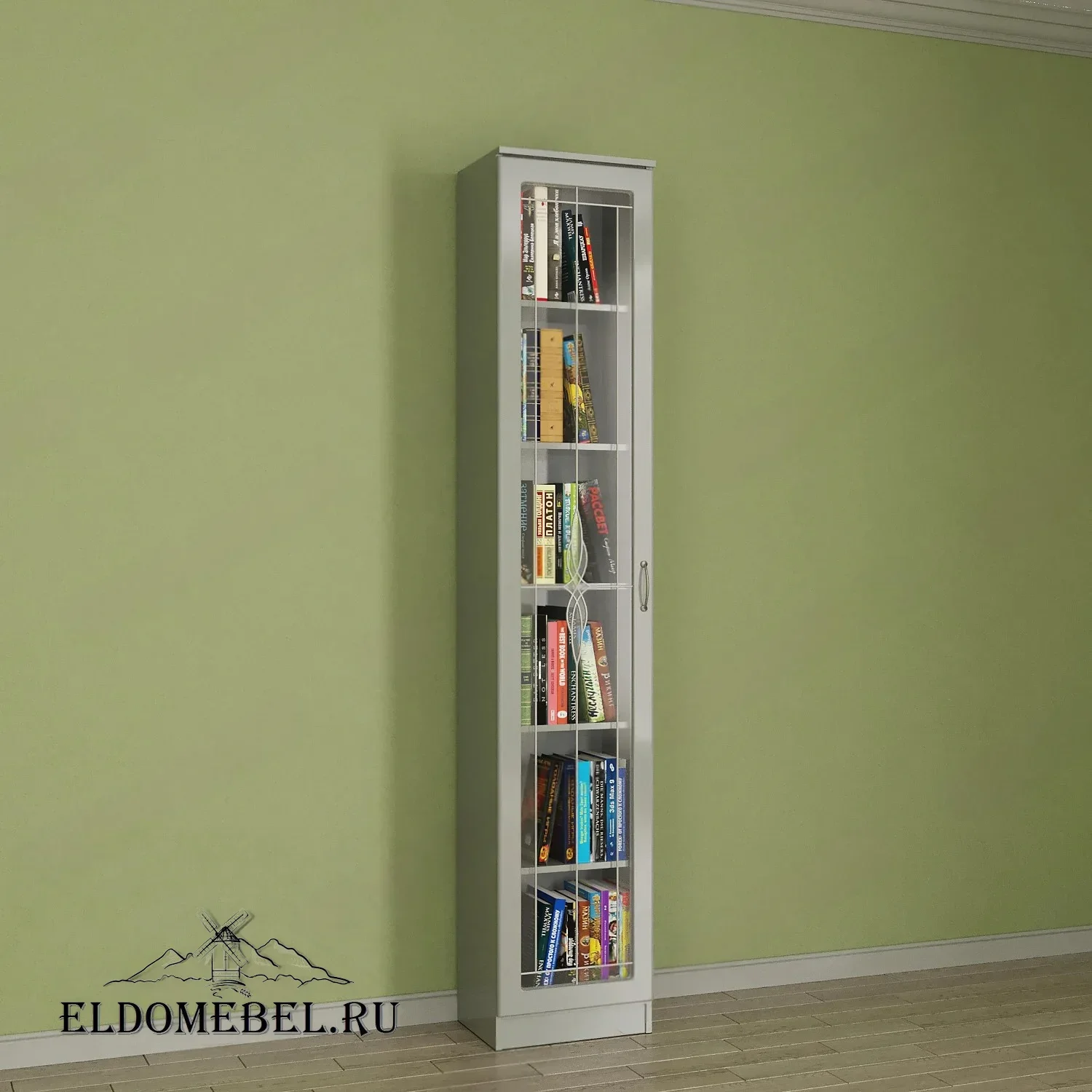 Книжный шкаф 1/1   с витражами    цвет Вена белый глянец