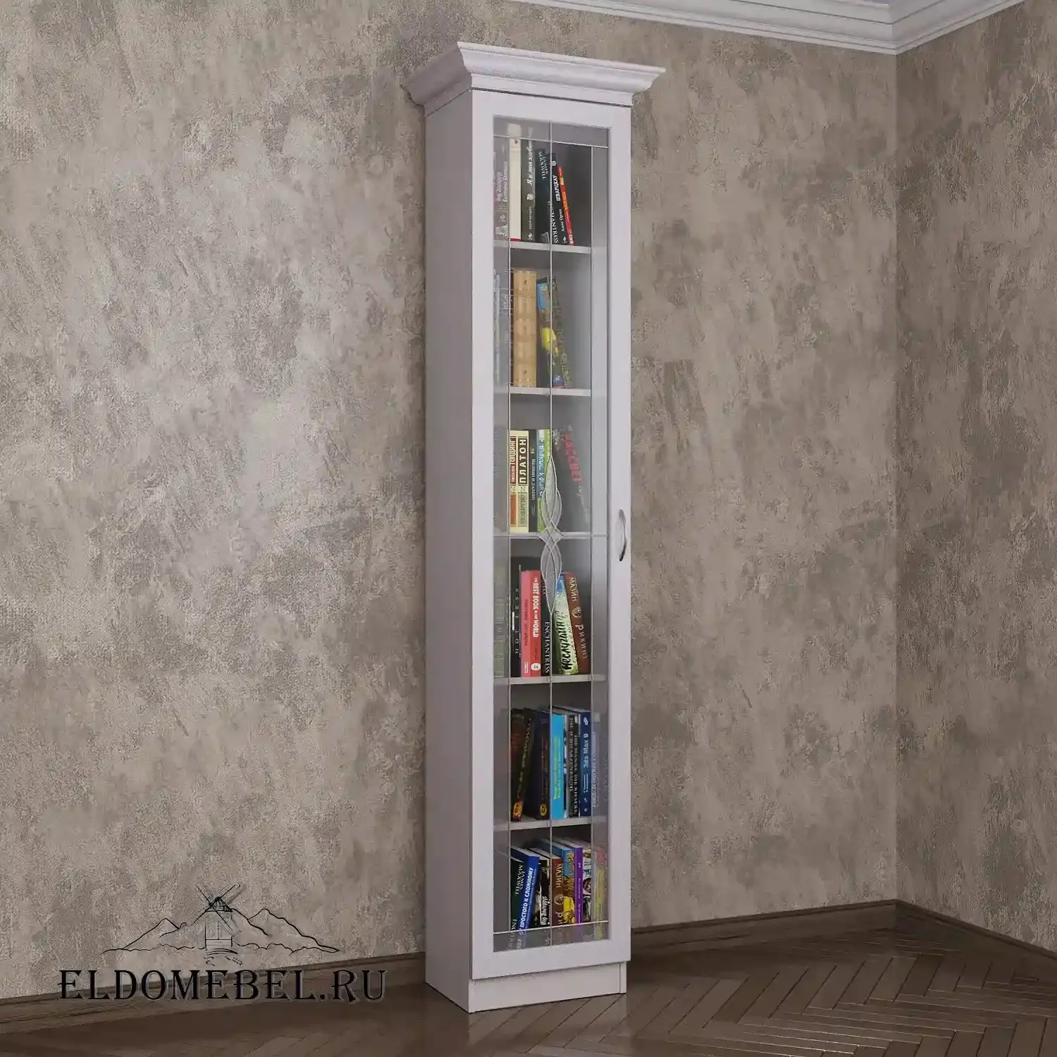 Книжный шкаф 1/1   с витражами    цвет Стандарт белый