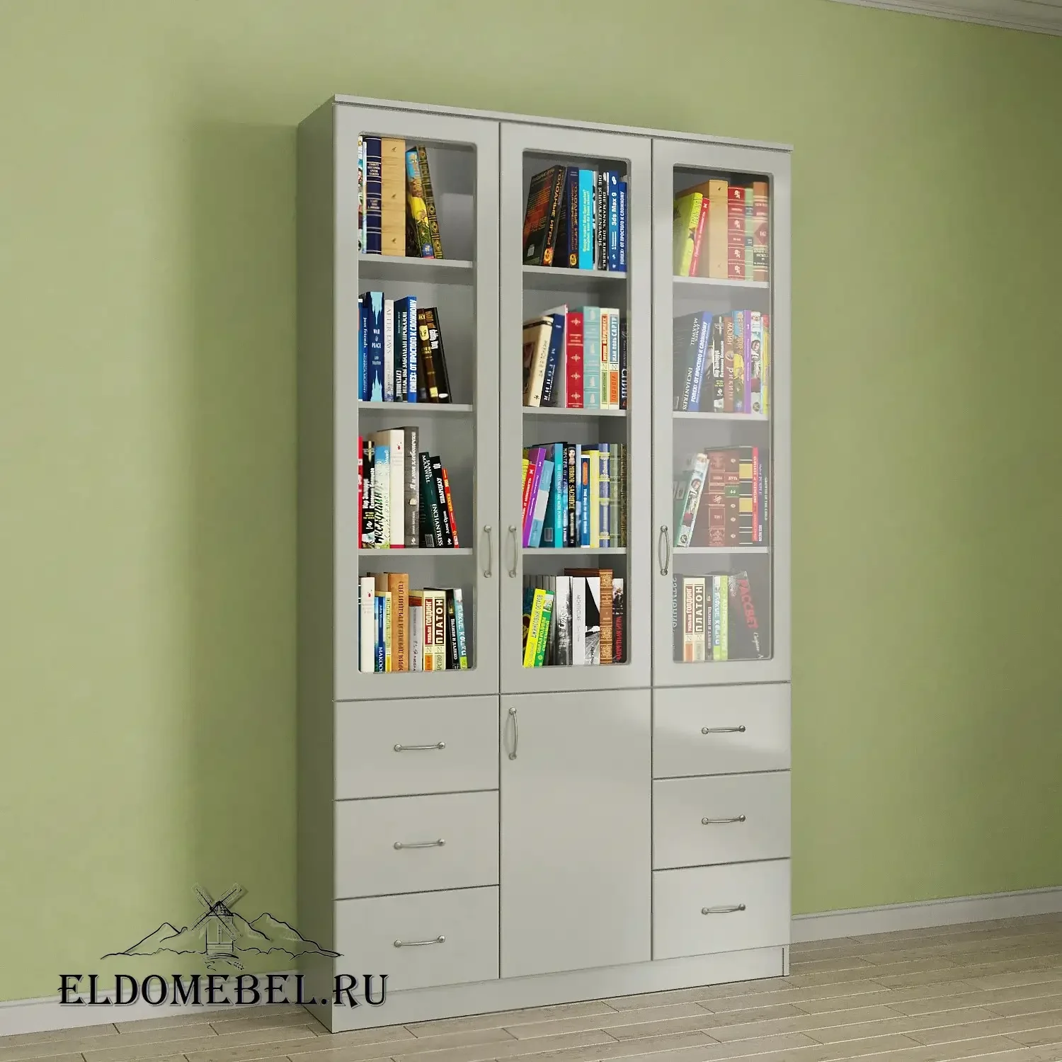 Книжный шкаф 3/7      цвет Вена белый глянец