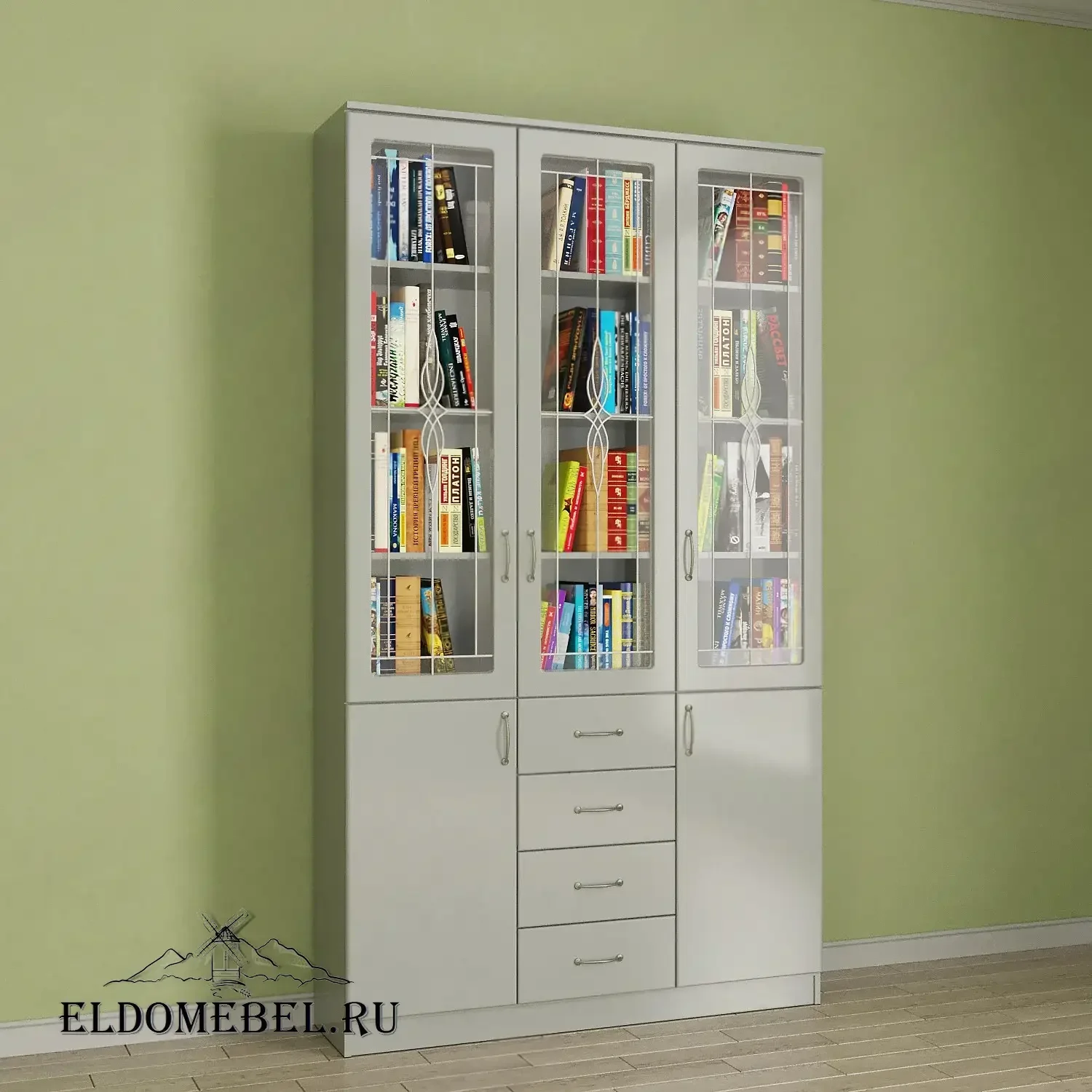 Книжный шкаф 3/8   с витражами    цвет Вена белый глянец