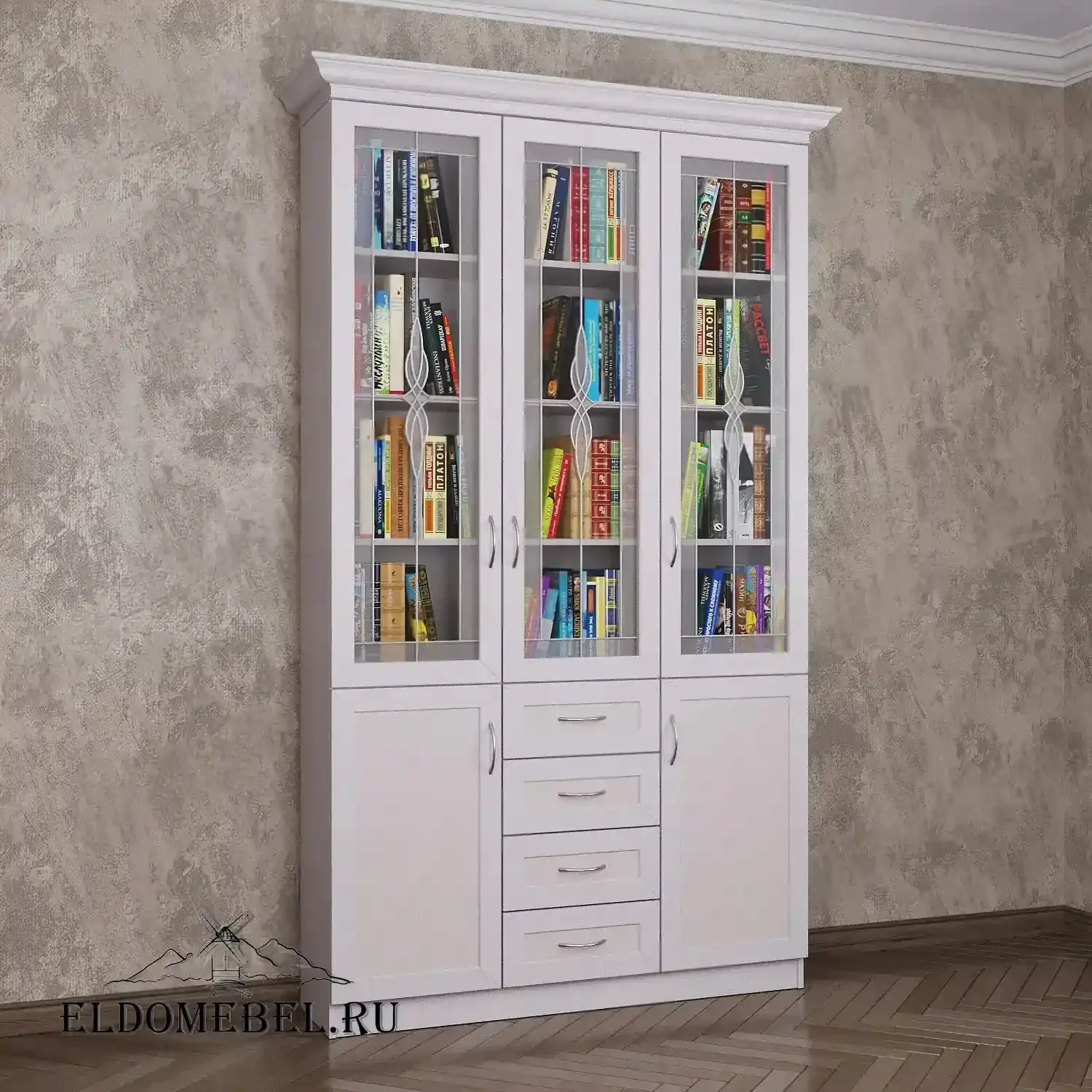 Книжный шкаф 3/8   с витражами    цвет Стандарт белый