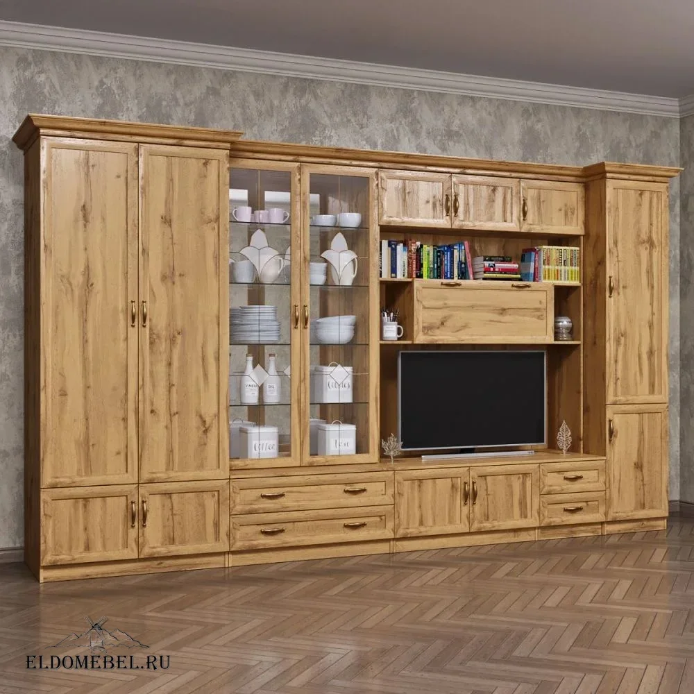 Стенка Пралине-42/1  с зеркалом  с витражами    цвет Дуб крафт золотой