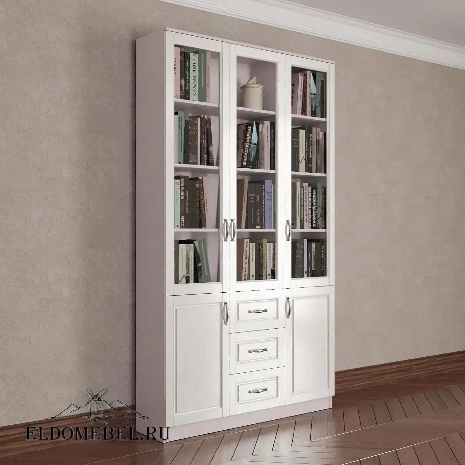 Книжный шкаф 3/6      цвет Адамант белый глянец