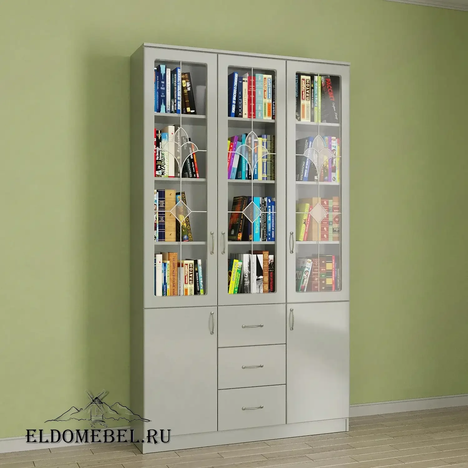 Книжный шкаф 3/6   с витражами    цвет Вена белый глянец