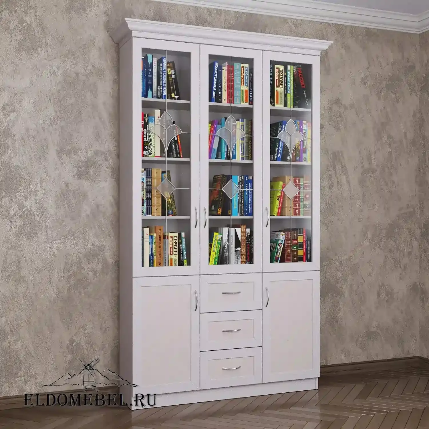 Книжный шкаф 3/6   с витражами    цвет Стандарт белый