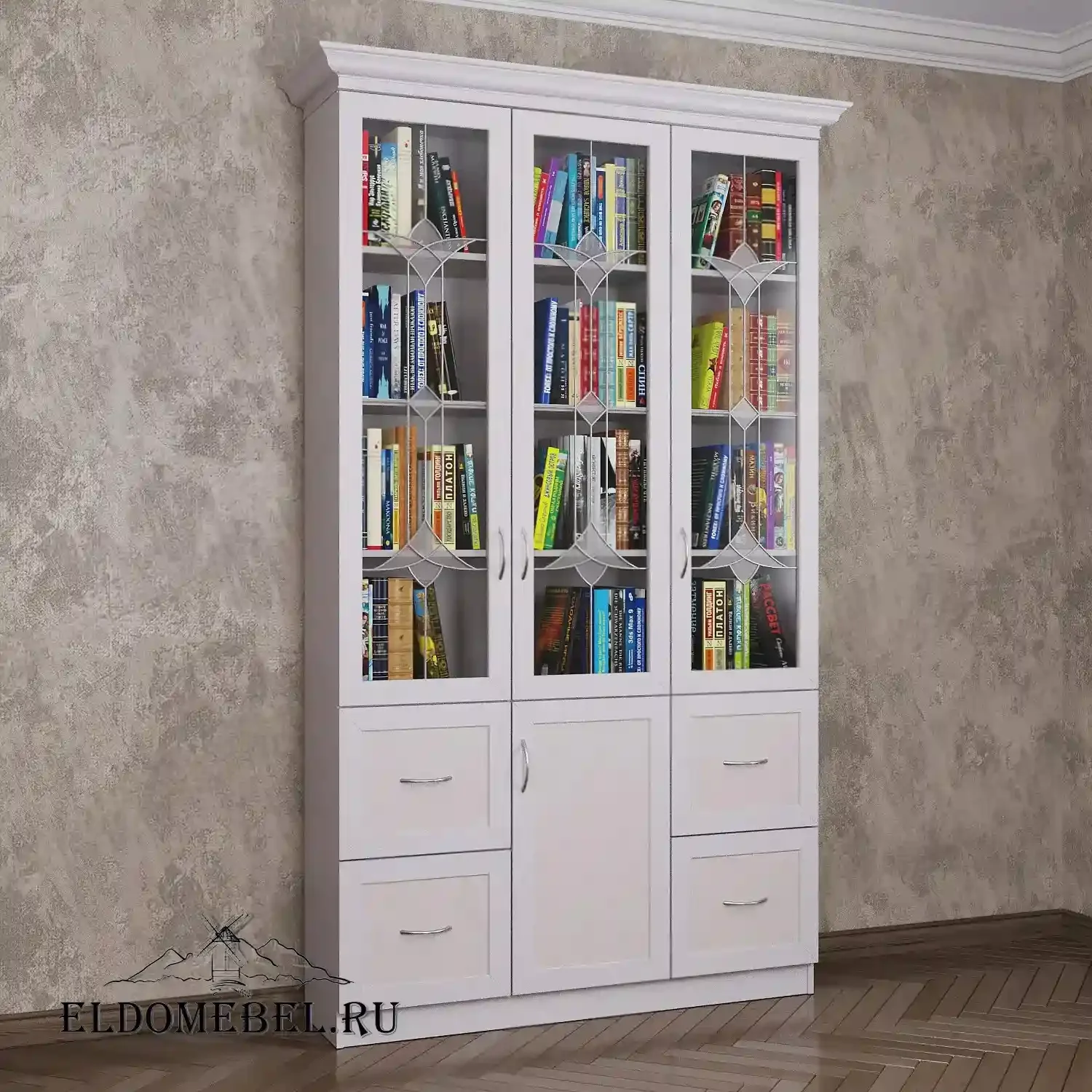 Книжный шкаф 3/5   с витражами    цвет Стандарт белый