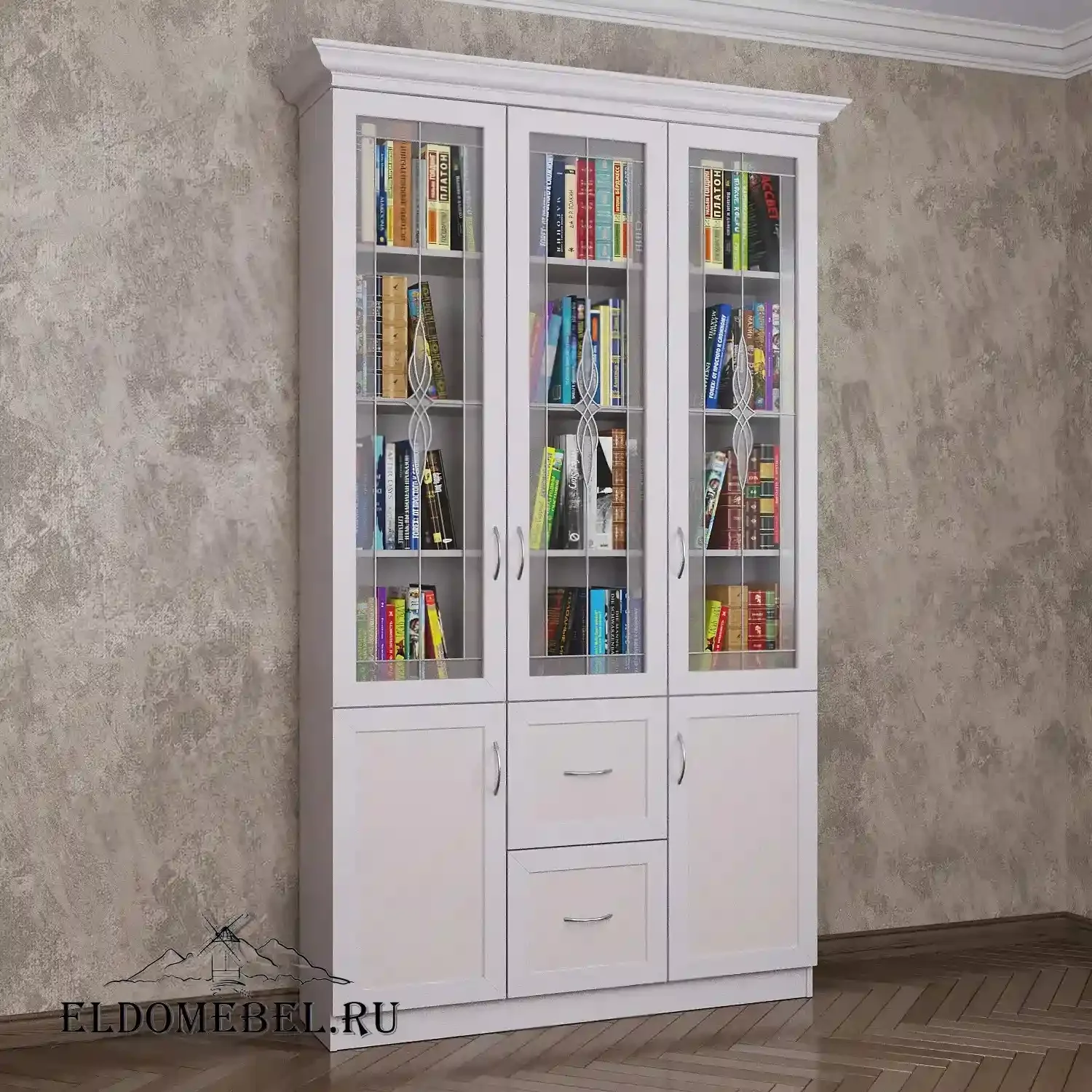Книжный шкаф 3/4   с витражами    цвет Стандарт белый
