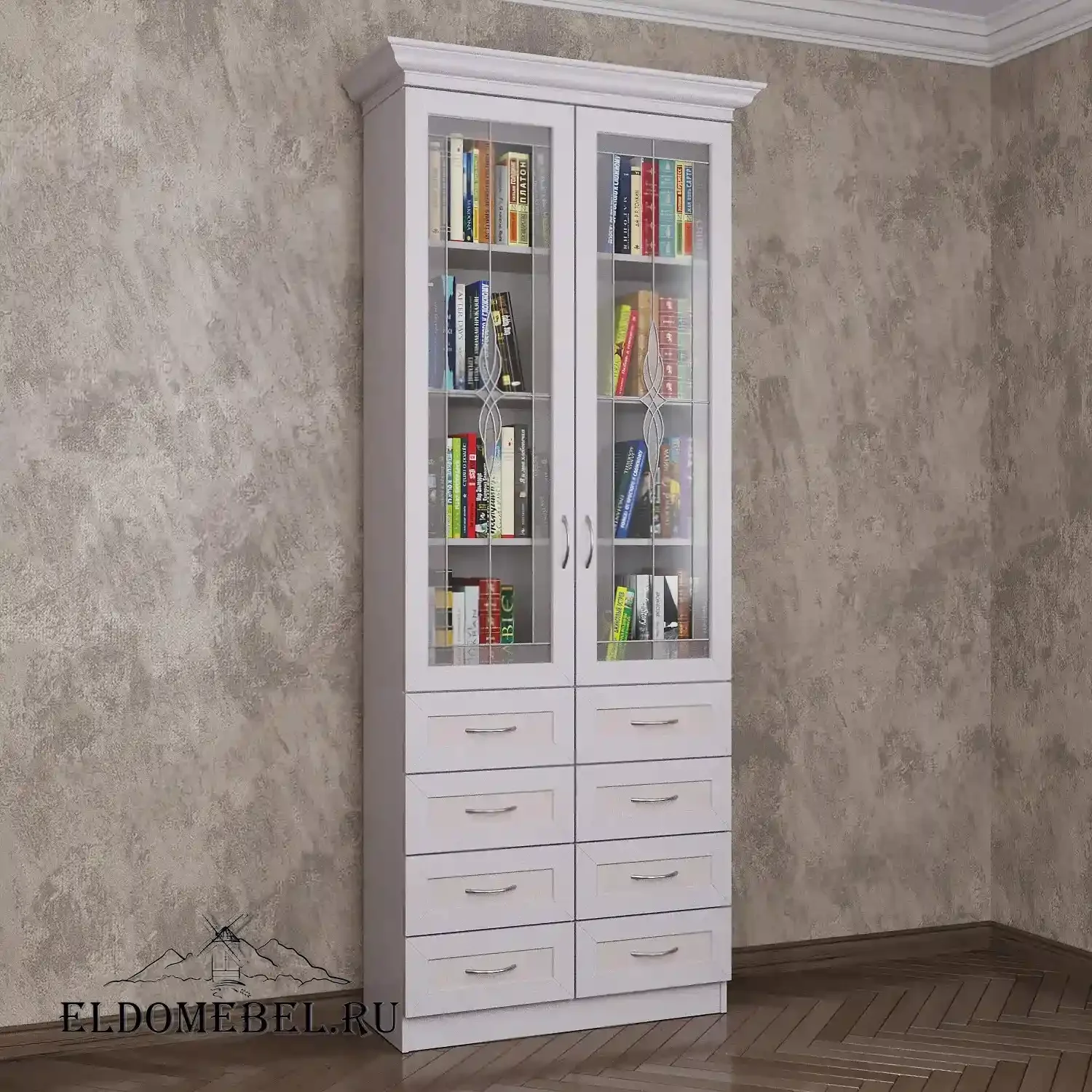 Книжный шкаф 2/6   с витражами    цвет Стандарт белый