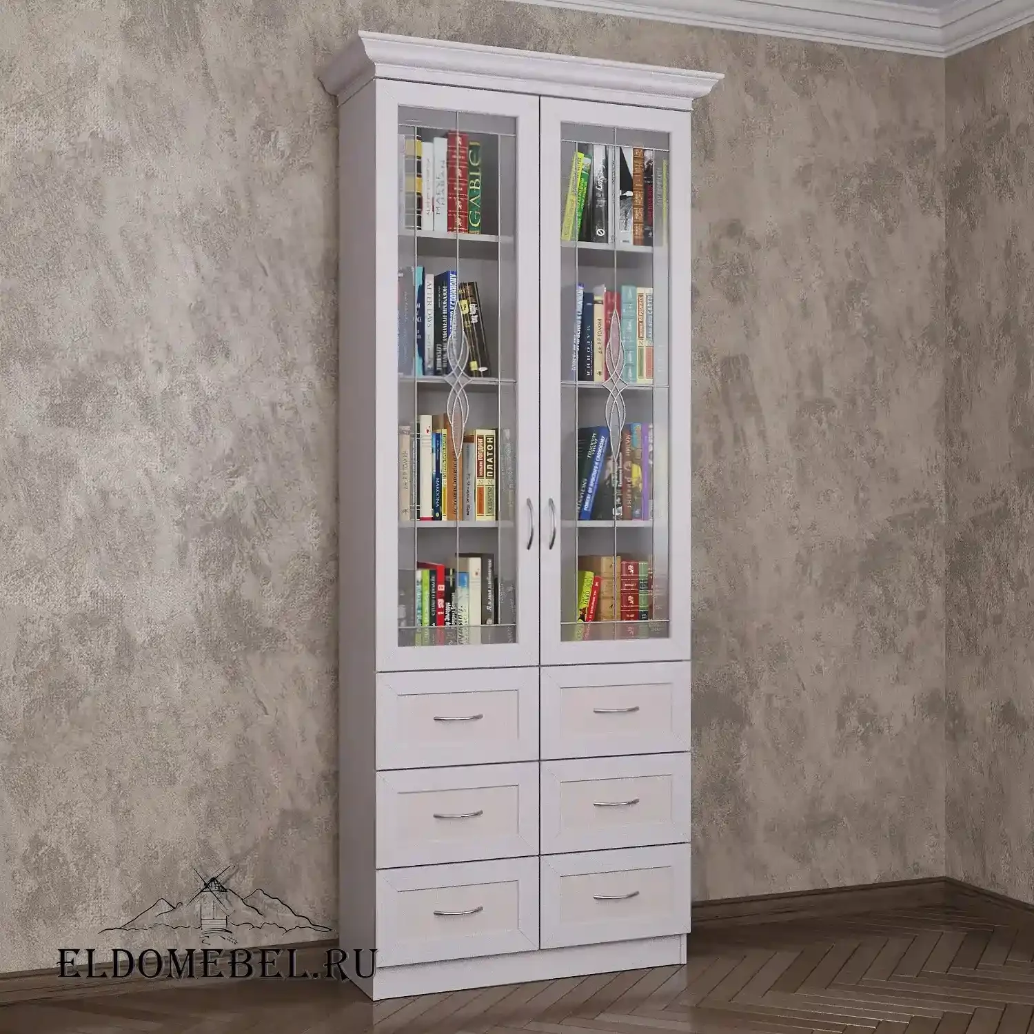 Книжный шкаф 2/5   с витражами    цвет Стандарт белый