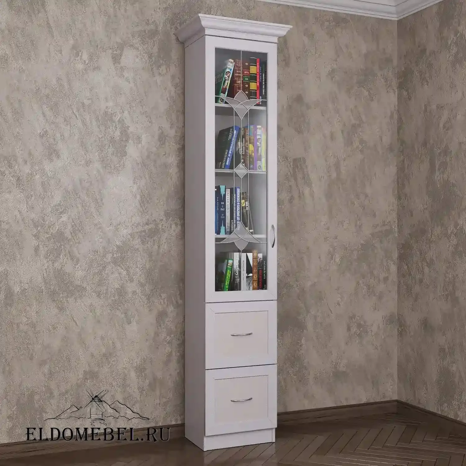 Книжный шкаф 1/4   с витражами    цвет Стандарт белый