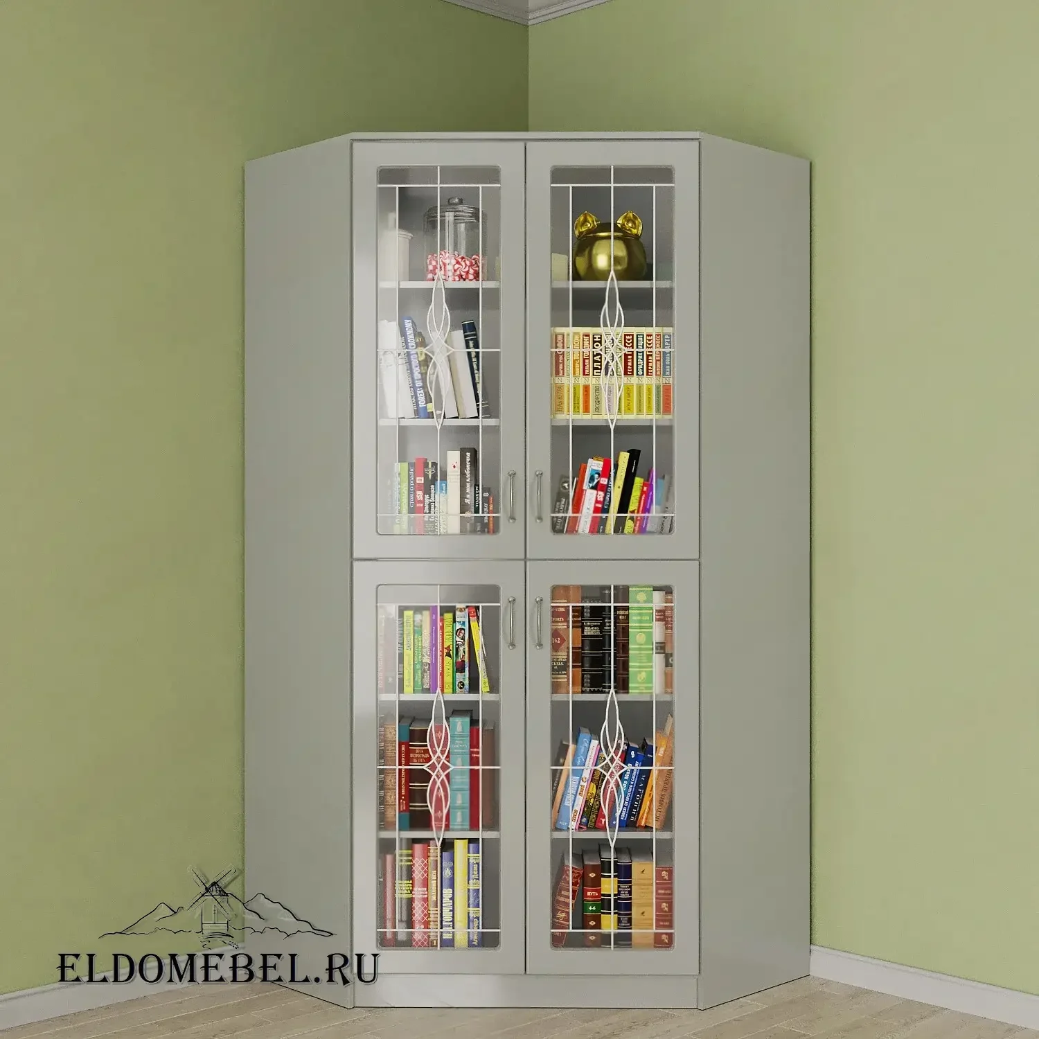 Книжный угловой №2   с витражами    цвет Вена белый глянец