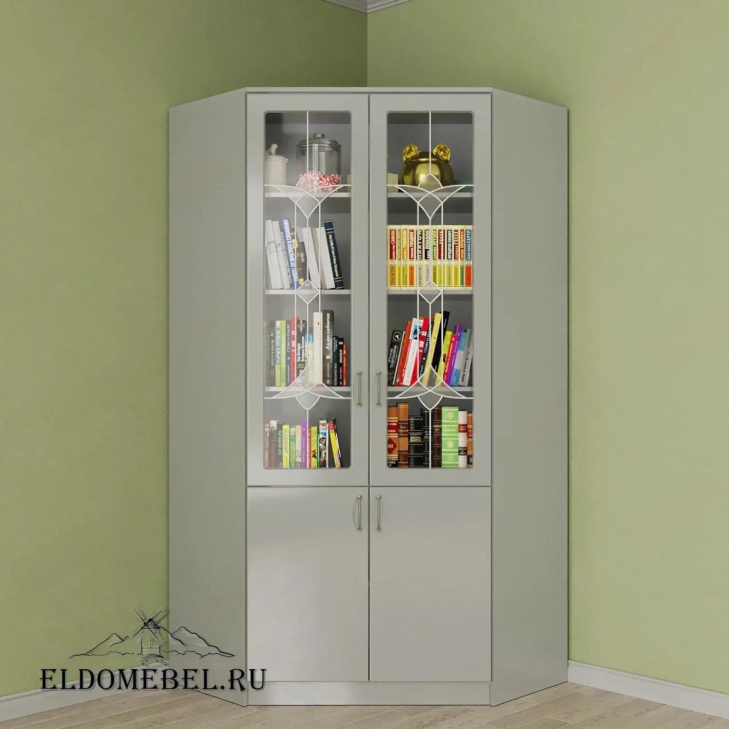 Книжный угловой №3   с витражами    цвет Вена белый глянец