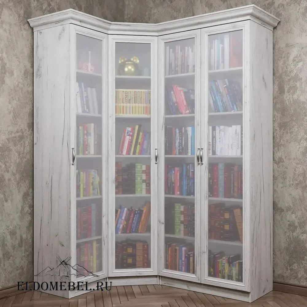 Книжный угловой №4    стекло сатинат   цвет Дуб крафт белый