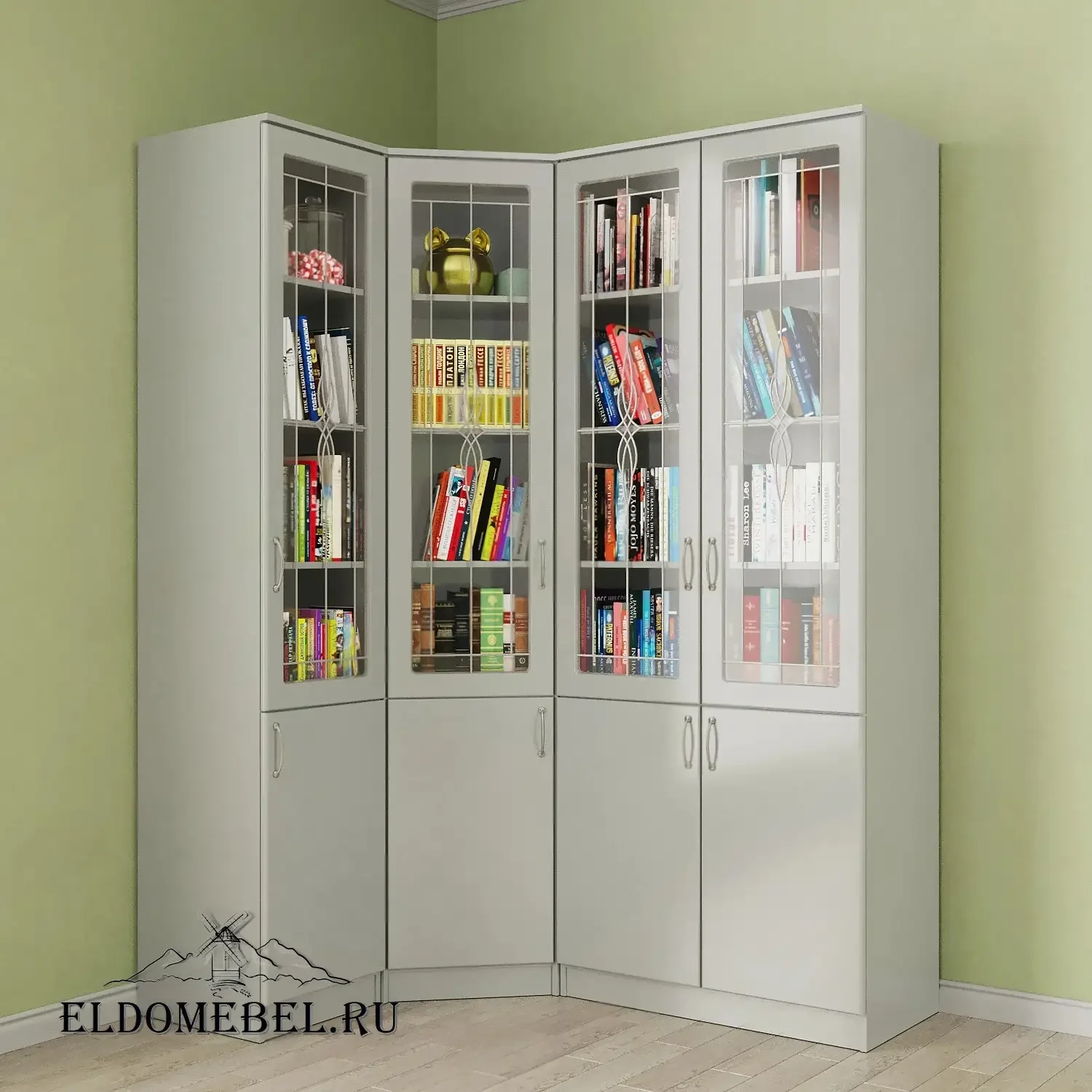 Книжный угловой №5   с витражами    цвет Вена белый глянец