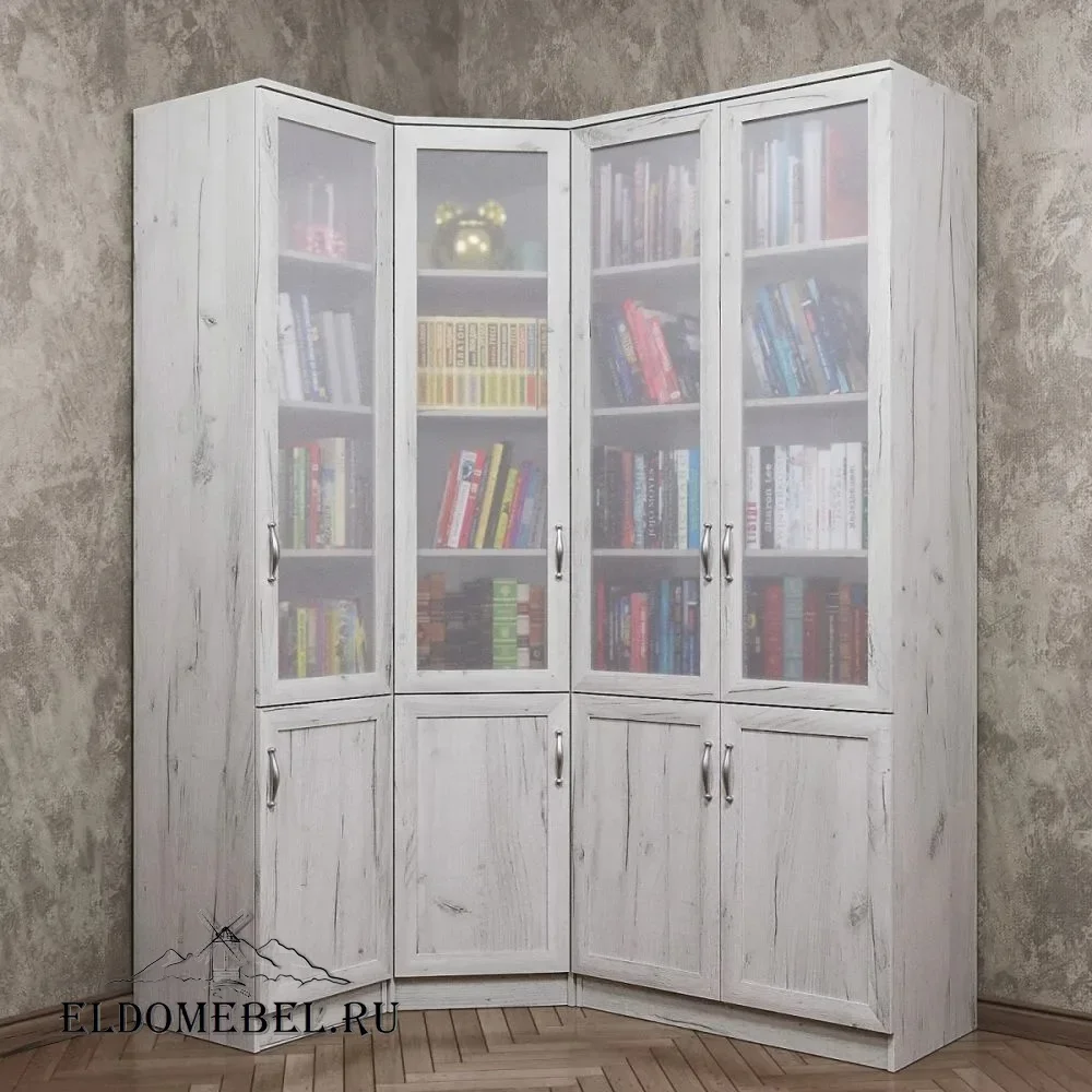 Книжный угловой №5    стекло сатинат   цвет Дуб крафт белый