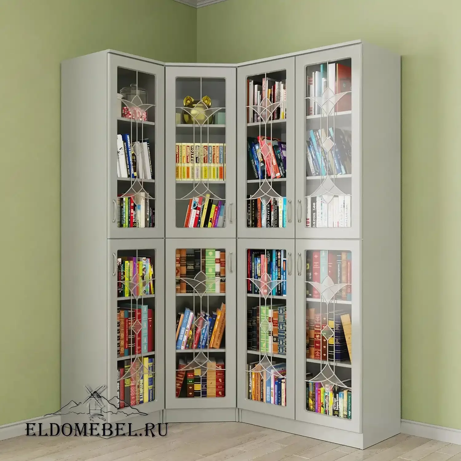 Книжный угловой №6   с витражами    цвет Вена белый глянец