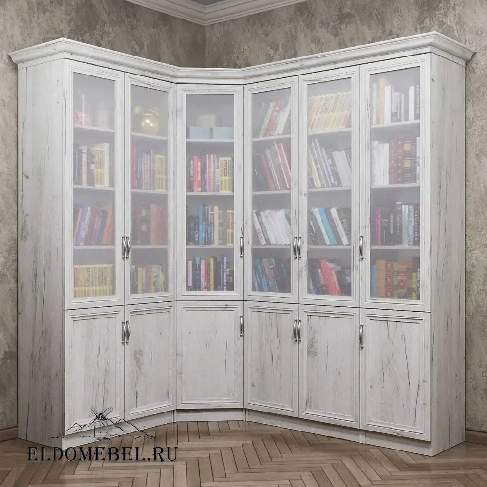 Книжный угловой №8    стекло сатинат   цвет Дуб крафт белый