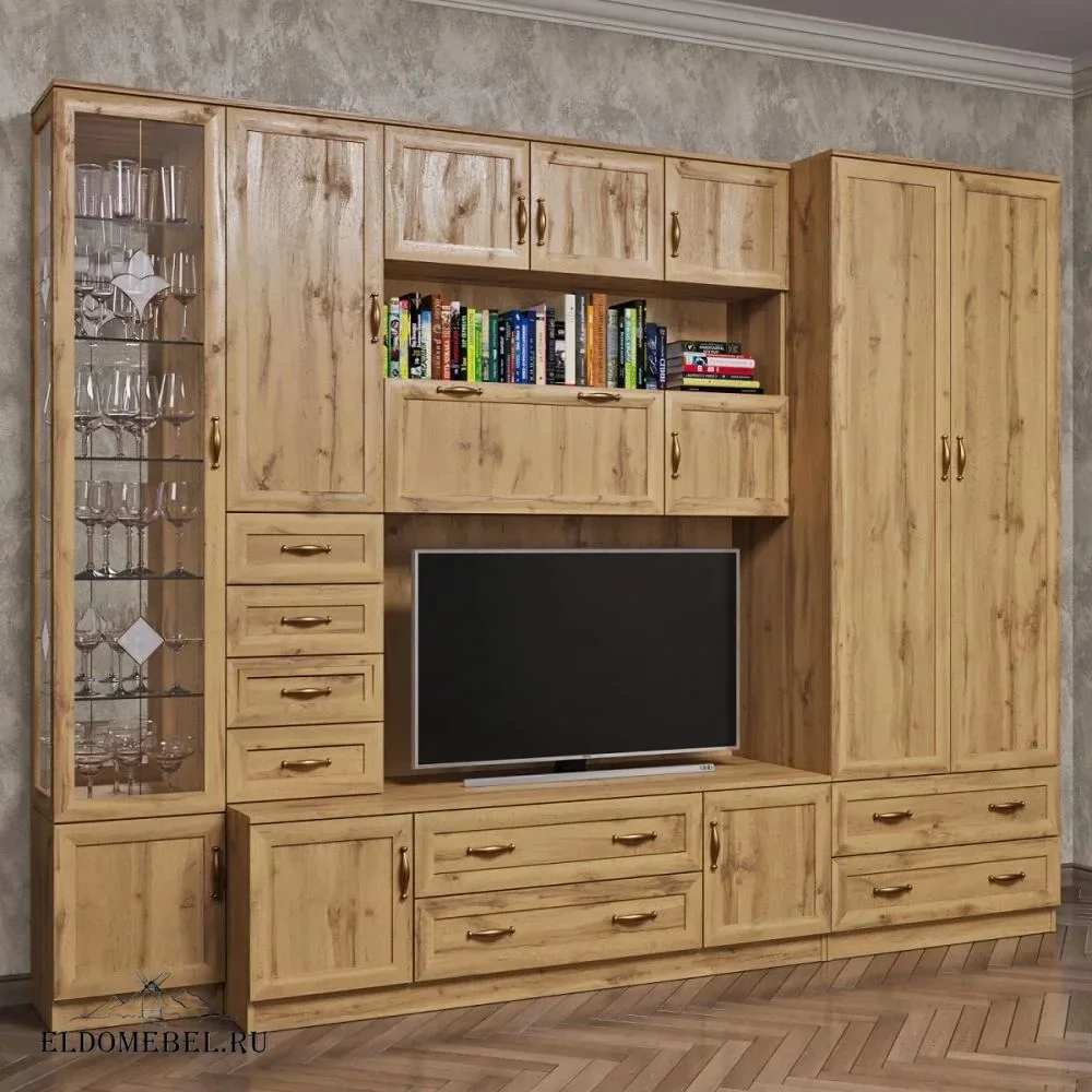 Стенка Мурсия-4/1  с зеркалом  с витражами    цвет Дуб крафт золотой
