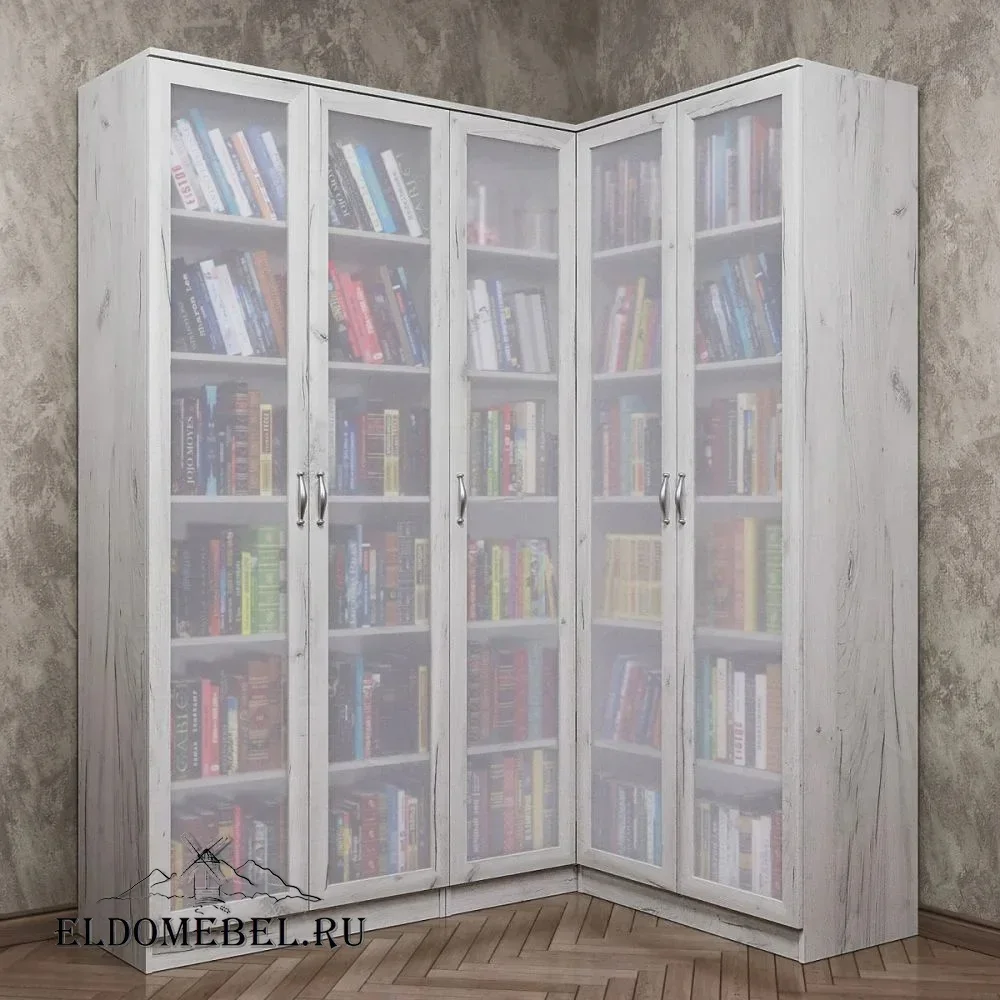 Угловой книжный №24    стекло сатинат   цвет Дуб крафт белый