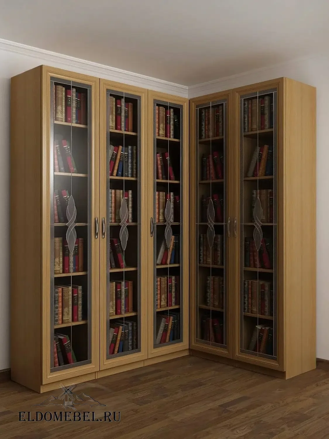 Угловой книжный №24   с витражами    цвет Стандарт бук