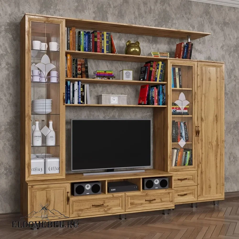 Мини-стенка Мурсия-23/1  с зеркалом  с витражами    цвет Дуб крафт золотой