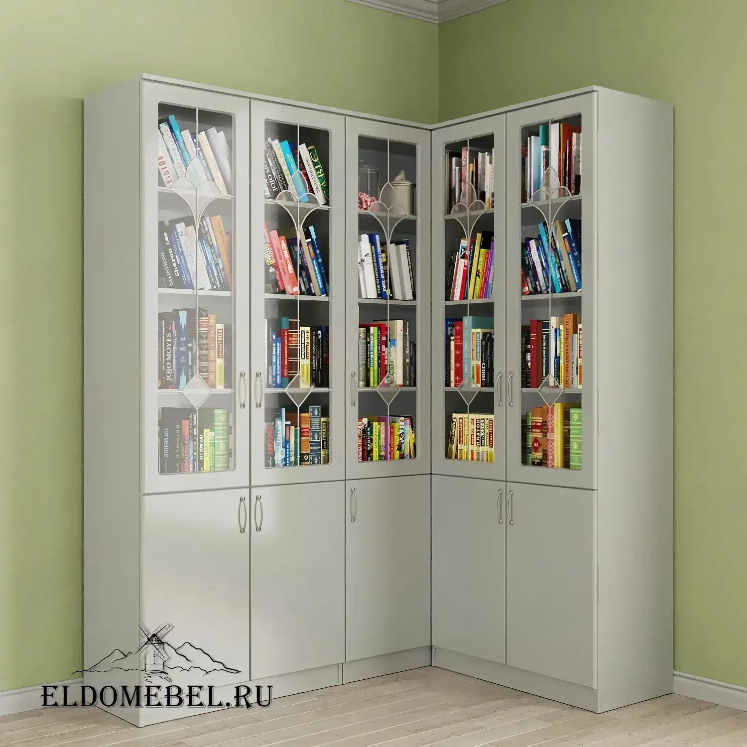 Угловой книжный №25   с витражами    цвет Вена белый глянец
