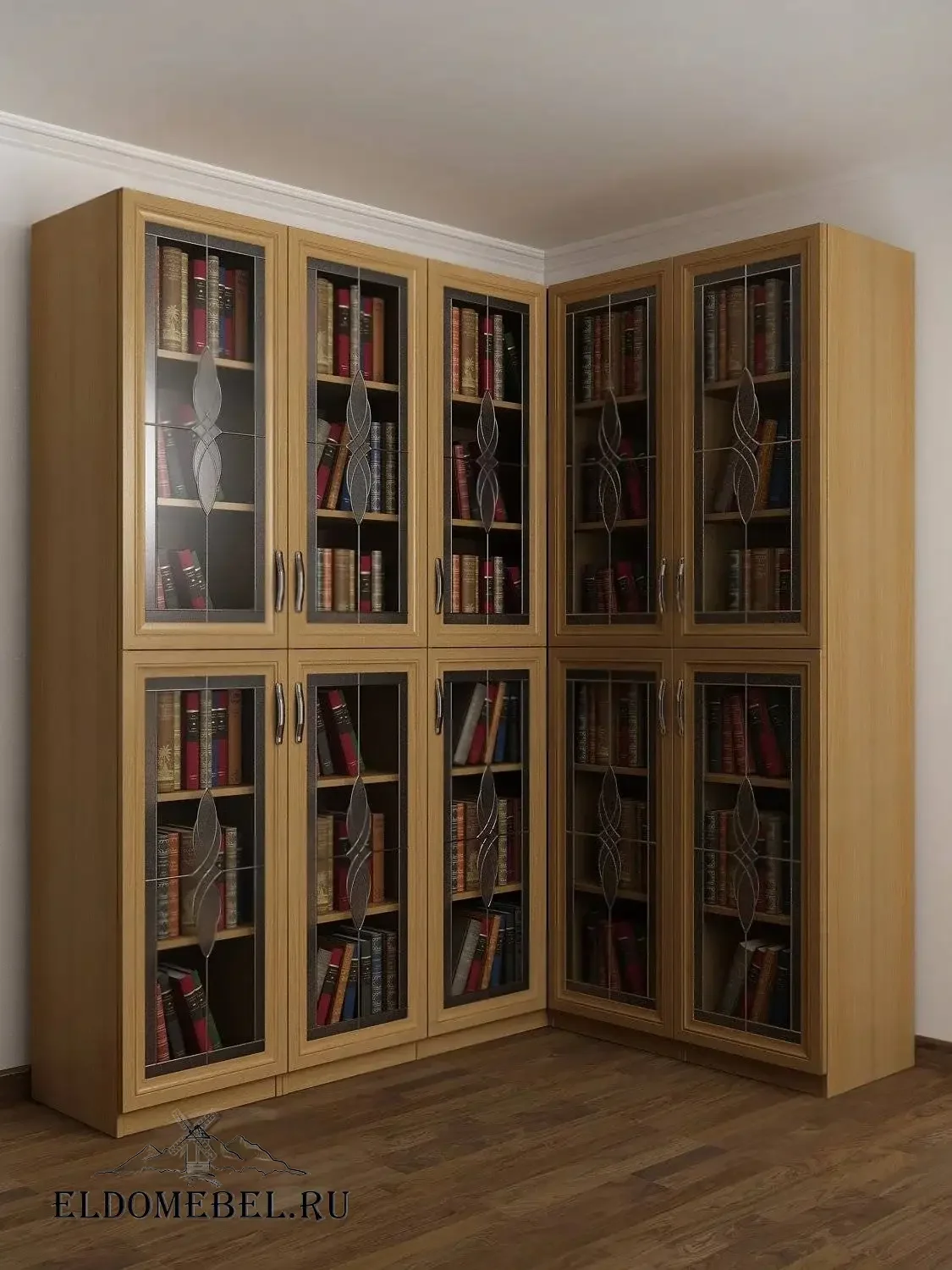 Угловой книжный №26   с витражами    цвет Стандарт бук