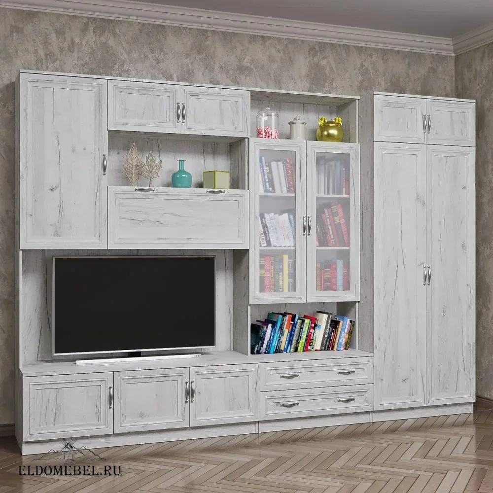 Стенка Марина 4    стекло сатинат   цвет Дуб крафт белый