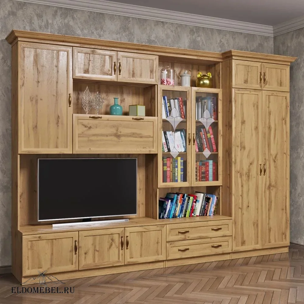 Стенка Марина 4   с витражами    цвет Дуб крафт золотой